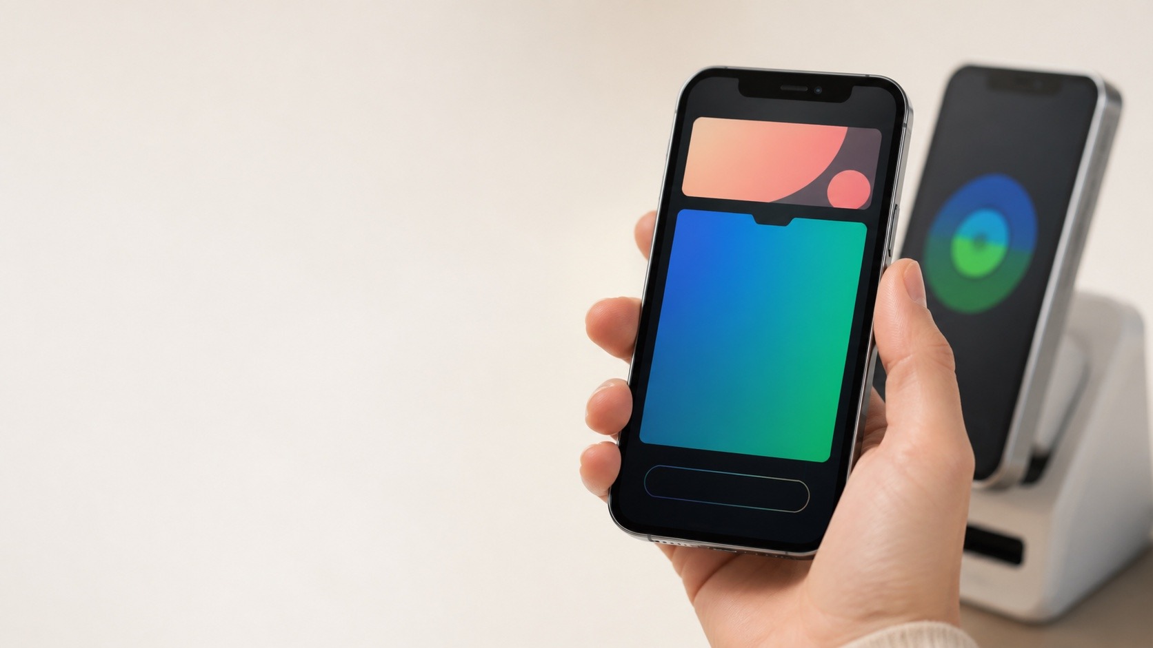 Original AI illustration of a hand holding a phone with abstract colored panels; not an official pass screen