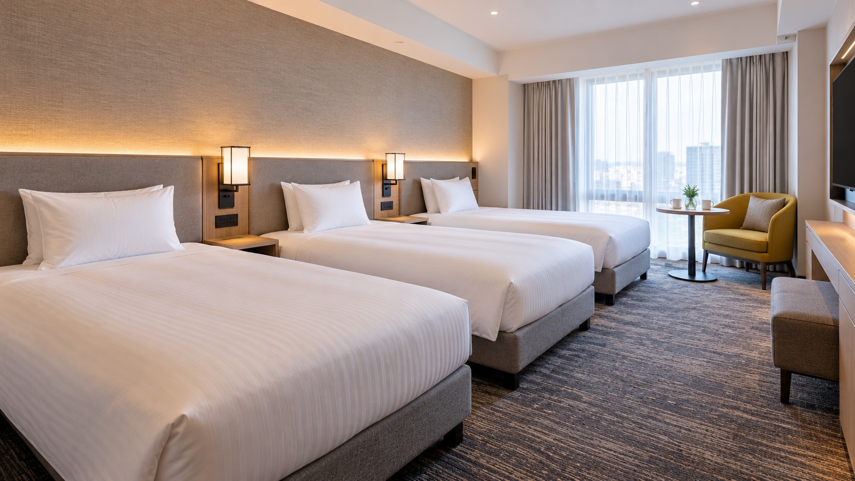 AI-generated illustration of a Tokyo triple room with three separate beds; not an actual hotel-room photograph