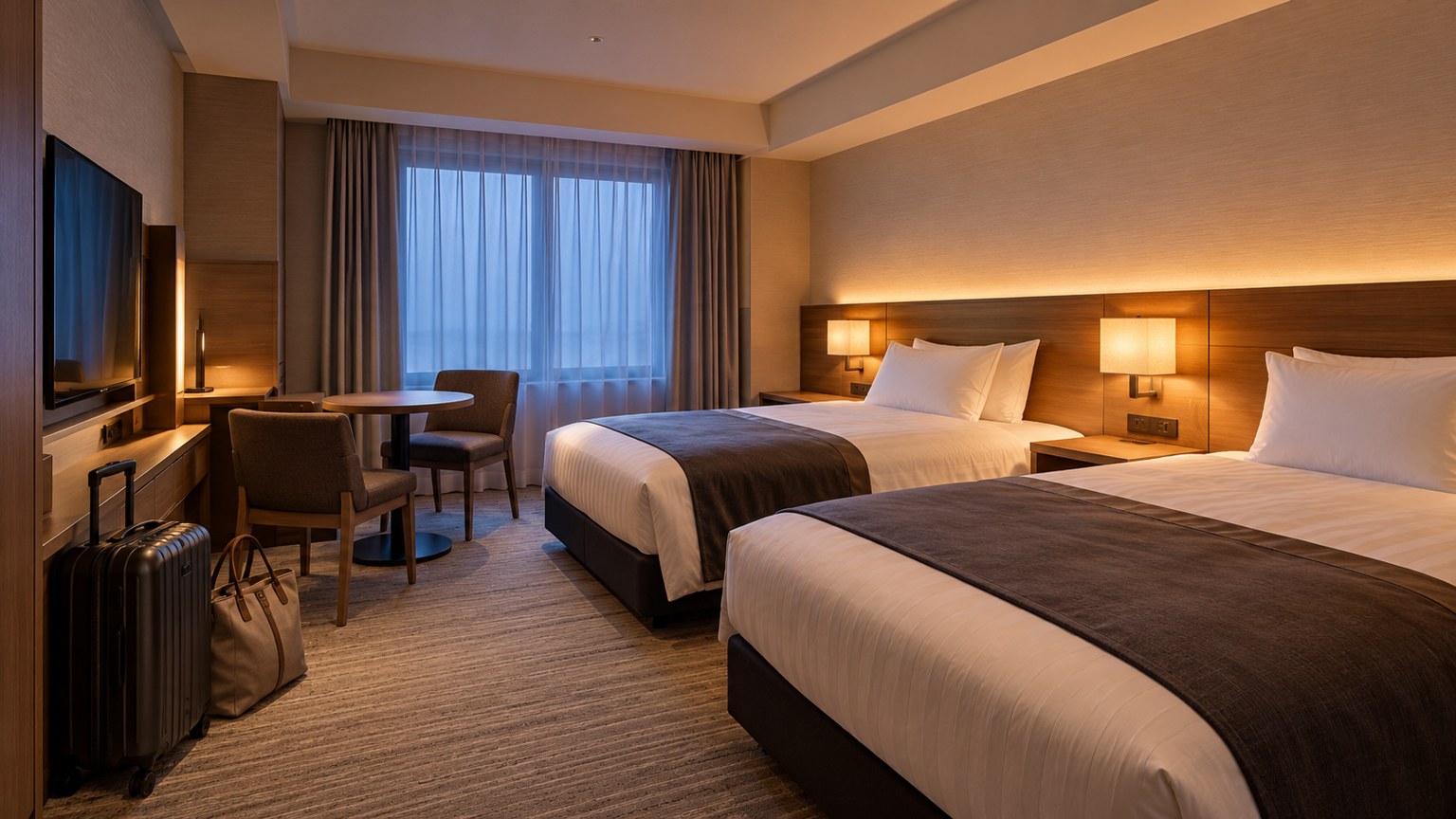 Illustration of a fictional twin airport-hotel room with a carry-on bag before an early departure